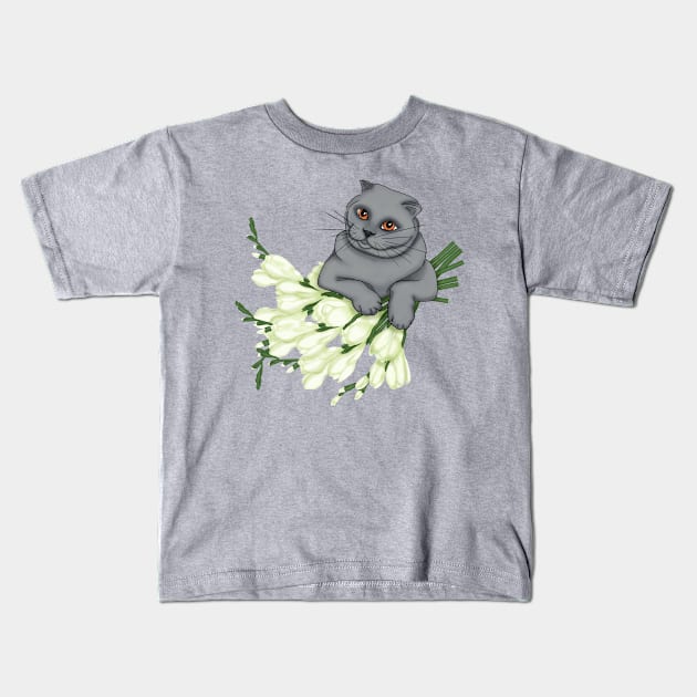 Scottish Fold Cat with a bouquet of freesia Kids T-Shirt by KateQR